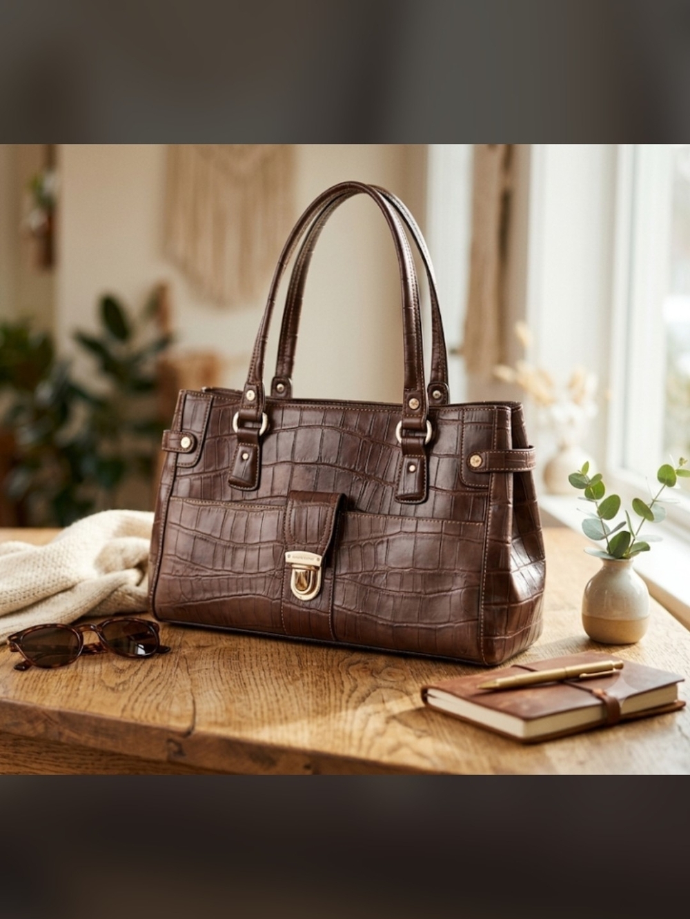 Liz Claiborne Faux Croc-Embossed Shoulder Bag in Chocolate Brown NWT